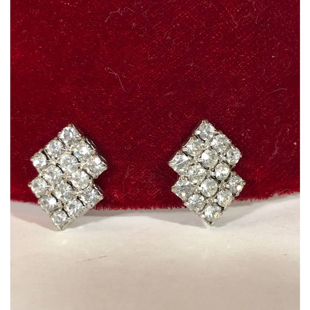 Vintage Rhinestone Earrings Double Square Shape, Screw Back Closure 7/8"